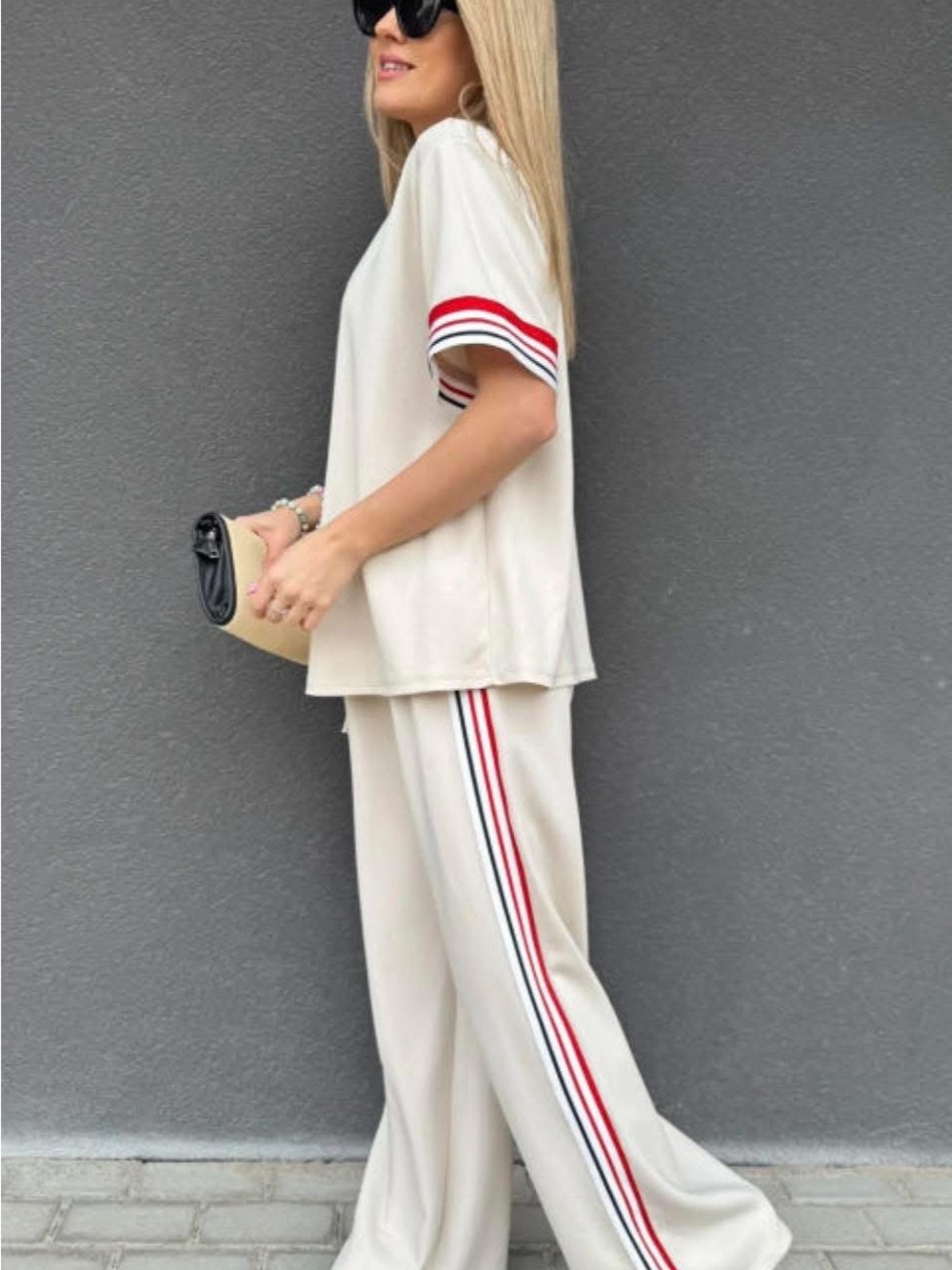 Cream Wide-Leg Track Pants with Red Stripe